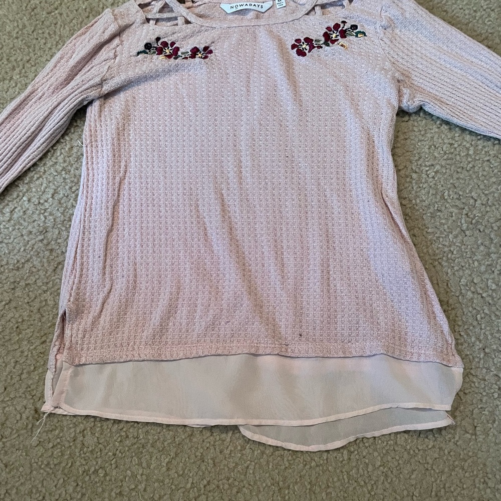 Pink Long Sleeve Top with Floral Embroidery